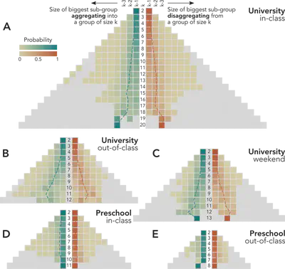 Group dynamics of aggregation and disaggregation for University (*A*-*C*) and Preschool (*D*-*E*) interactions that take place during in-class, out-of-class, or weekend time. Each side of the pyramidal heatmaps shows the probability distribution associated to the size for the largest sub-group joining and the largest subgroup leaving a group of size $k$. The central column reports the considered group size $k$, while the probability distributions on its left-hand side and right-hand side respectively corresponds to group aggregation and disaggregation. Dashed lines refer to the distribution average.